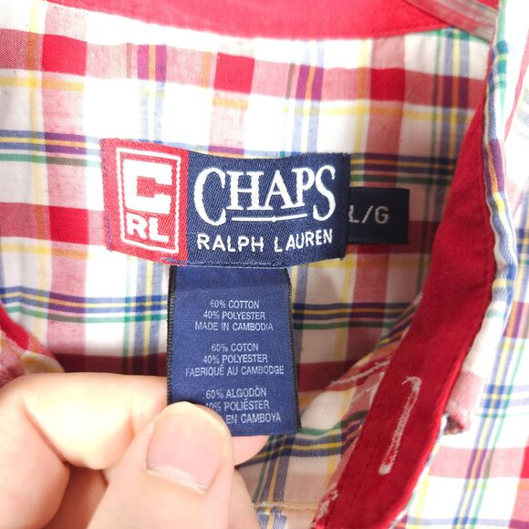 VTG Chaps Ralph Lauren Mens Large Red Plaid Short Sleeve Button Down Shirt - Picture 3 of 7